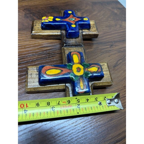 2 90S SMALL Mexican BLUE Talavera Pottery Cross Inlaid WOOD Wall Hanging 4" X 3" - Picture 6 of 7